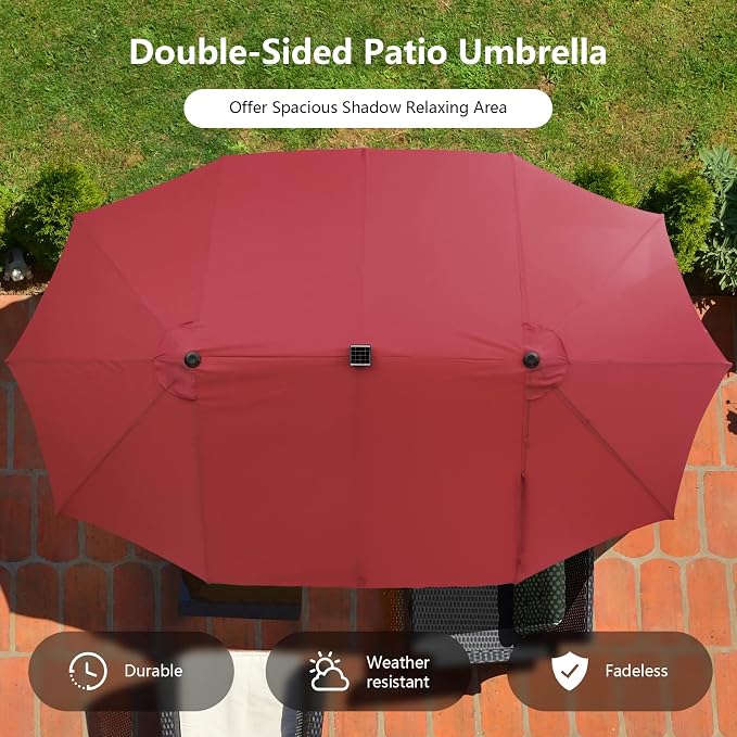 Tangkula 11 Pieces Patio Dining Set with 15 ft Double-Sided Patio LED Umbrella (Base Included), Outdoor Rattan Furniture Set with 8 Armchairs, 1 Rectangular Acacia Wood Dining Table (Wine)