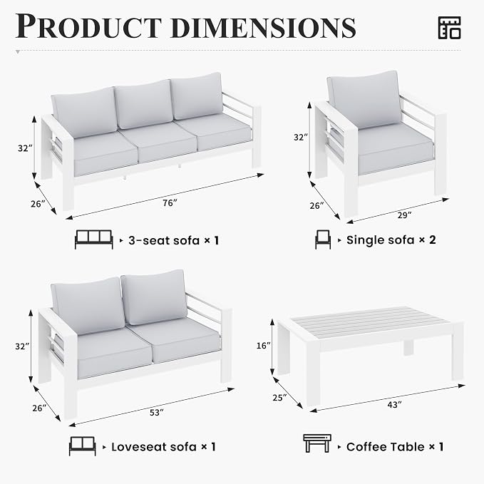 Aluminum Patio Furniture,Outdoor Metal Sectional Sofa with Table and Waterproof Covers,White Modern Patio Furniture Set for Garden Backyard (8-Piece)