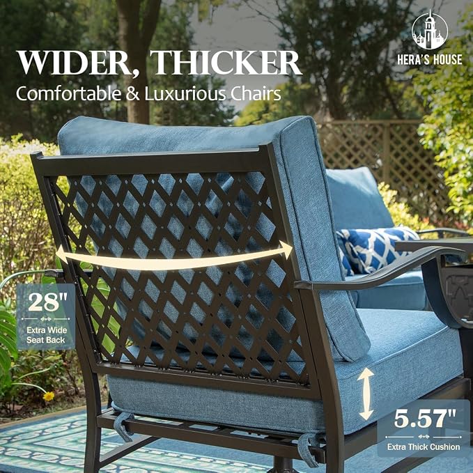 HERA'S HOUSE 5 Pieces Patio Furniture Set with Fire Pit Table, 4 x Thick Cushioned Chairs, 1 x Fire Pit Table (50,000 BTU), All Weather Outdoor Conversation Set for Garden, Backyard, Lawn, Navy Blue
