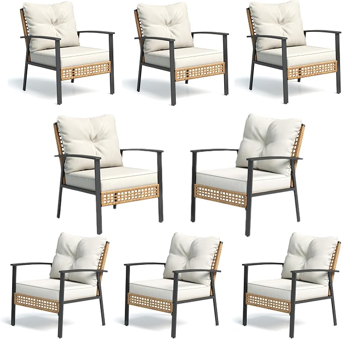 LAUSAINT HOME Outdoor Rattan Bistro Set, Patio Furniture Wicker Chairs Set of 8 with Deep Seating and Thick Cushions, Oversize Conversation Set for Garden, Balcony and Backyard (Beige)