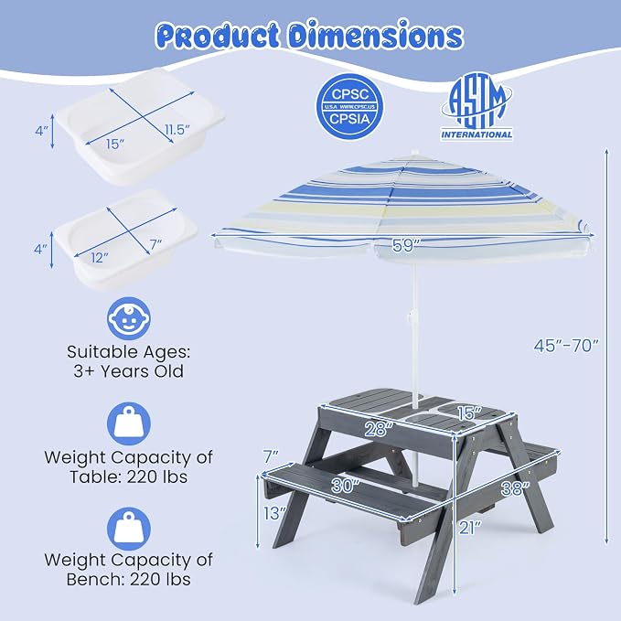 KOTEK Kids Picnic Table, 4 in 1 Sand and Water Table w/Detachable Tabletop, 3 Removable Play Boxes, Foldable & Height Adjustable Umbrella, Wood Sensory Table and Bench for Outdoors, Indoors (Grey)