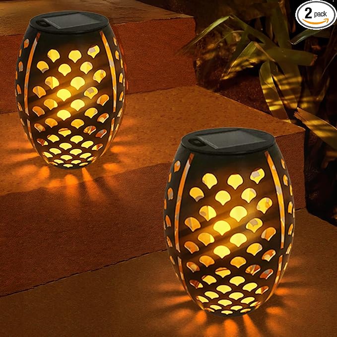 2PCS Solar Table Lanterns Flickering Flame Waterproof Black Shell | Metal Hollow Black Shell, Waterproof, 7.3" H, Ideal For Tabletop Garden Patio Decor