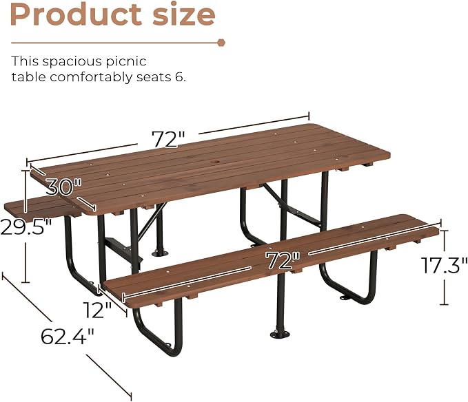 72 Inch Rectangular Outdoor Picnic Table for 6 Person, Heavy Duty Wooden Dining Set with Built-in Benches, 1.97 Inch Umbrella Hole, Waterproof and Corrosion Resistant