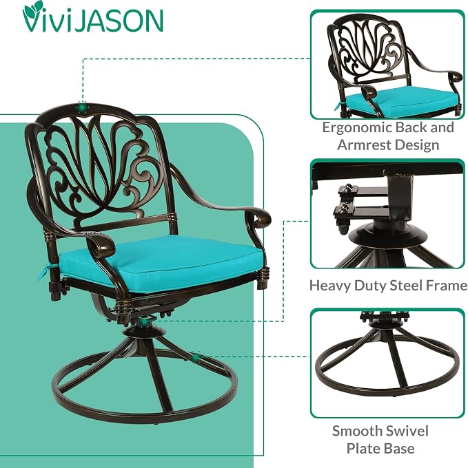 VIVIJASON 7-Piece Outdoor Furniture Dining Set, All-Weather Cast Aluminum Conversation Set Includes 6 Swivel Dining Chairs and a Rectangle Table with Umbrella Hole for Patio Garden, Ocean Blue Cushion