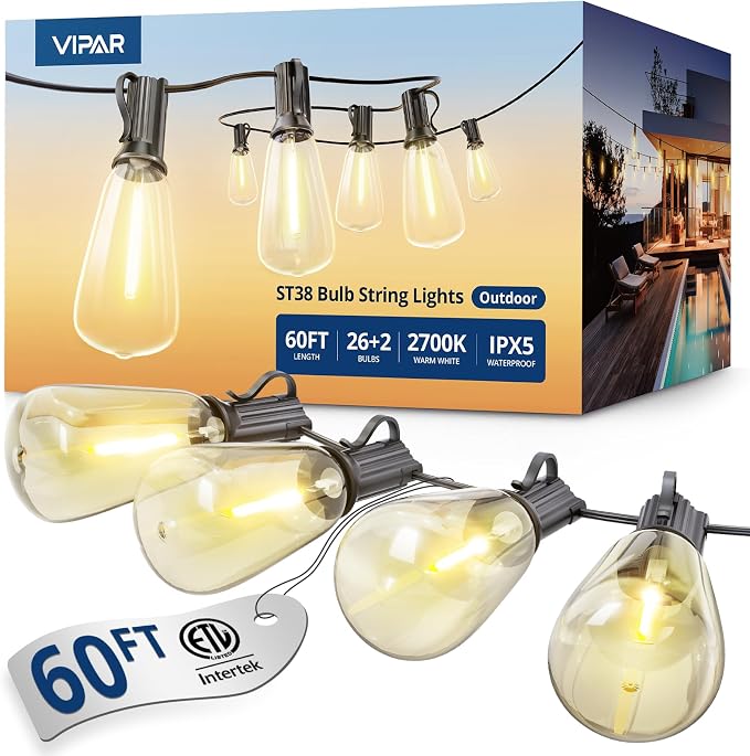 VIPAR Outdoor String Lights, 60FT LED Patio Lights Waterproof 28 ST38 Bulbs | Shatterproof,Edison Outside Lights,Plug-In,2700K Dimmable, Connectable, Hanging Light for Porch Garden Backyard Deck Balcony