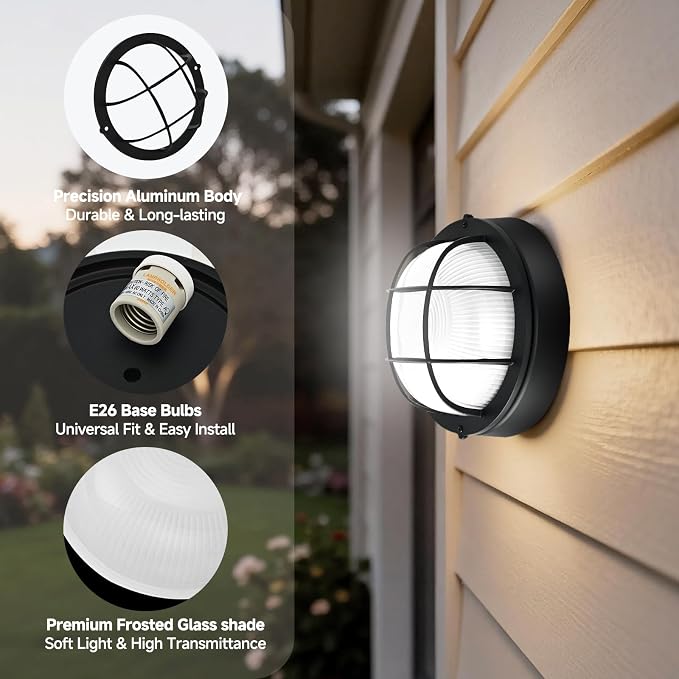 8"Outdoor Bulkhead Light, Black Round Exterior Bulkhead Wall Light Fixture, Nautical Bulkhead Sconce lighting, Waterproof Sauna Light, Wall/Ceiling Flush Mount, Aluminum & Glass, E26 60W, 2 Pack