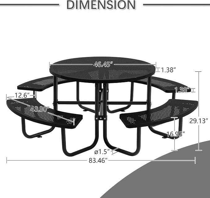 46" Round Outdoor Metal Coffee Picnic Table for Patio, Backyard, Garden and DIY (Includes 4 Built-in Benches) - Black