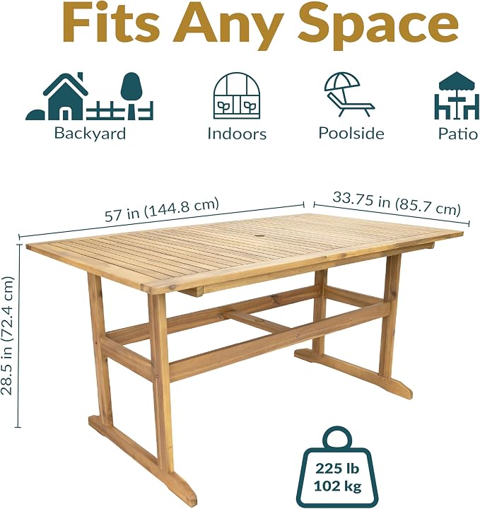 Sunnydaze 57" W Acacia Wood Outdoor Table for 6 - Hatteras Outdoor Dining Table with Umbrella Hole for Patio - Rectangular - Solid Wood