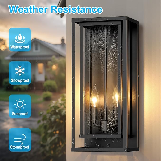 Large Outdoor Wall Lanterns, 18” Exterior Waterproof Rectangular Sconce | 2-Pack Matte Black Porch Lights with Glass Shades, Anti-Rust 2-Light Modern Light Fixtures for Patio Garage Front Door