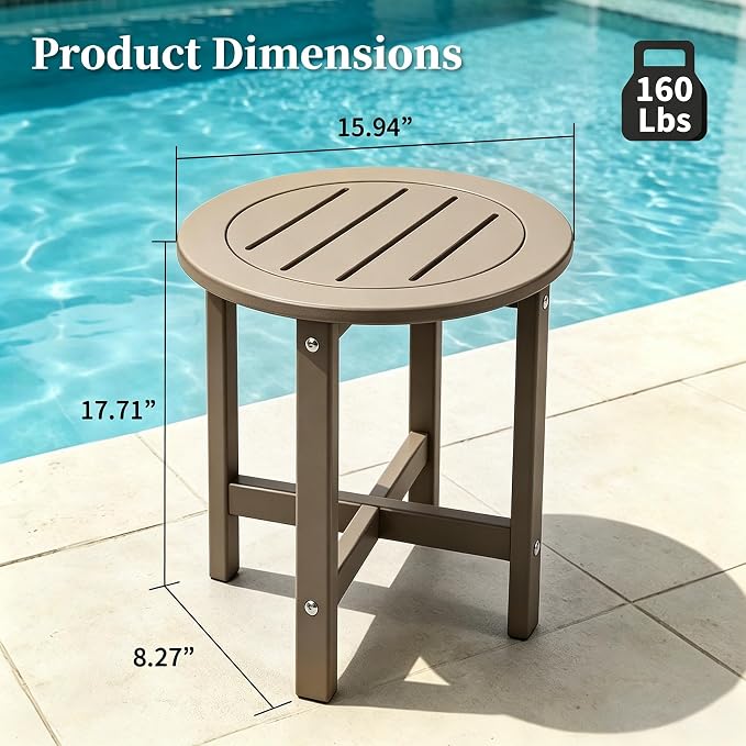 Small Outdoor Side Table 15.94" HDPE Round Adirondack End Table | Storage Shelf, Plant Stand, Weather Resistant, Easy to Clean & Use, Not prone to fading, for Patio, Backyard, Deck, Brown