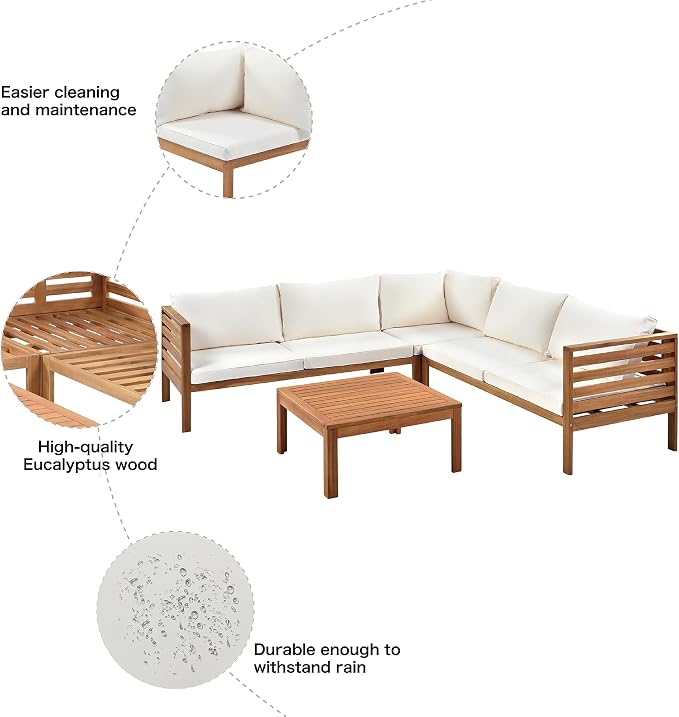 Outdoor Patio Conversation Furniture Set, Acacia Wood Sectional Sofa Set with Coffee Table, 4 Piece Outdoor Sofa Set with Two-person Sofa and Corner Sofa for Backyard (Natural log+Beige Cushions)