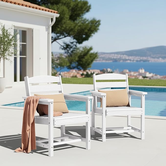 KINGYES All Weather Outdoor Dining Chairs Set of 2, HDPE Oversized Patio Chairs for Backyard Porch Garden Poolside, White