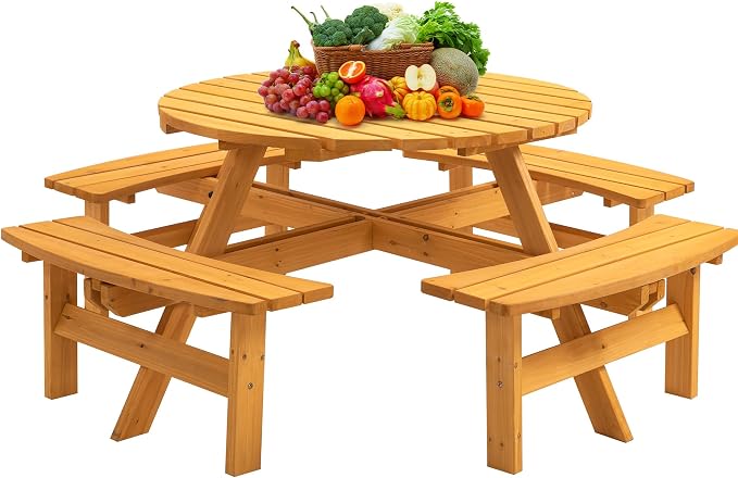 Outdoor Wooden Picnic Table with 4 Built-in Benches and Umbrella Hole for 8 Person，Outside Table and Bench Set Round Picnic Table for Garden, Backyard, Porch,Patio（Natural