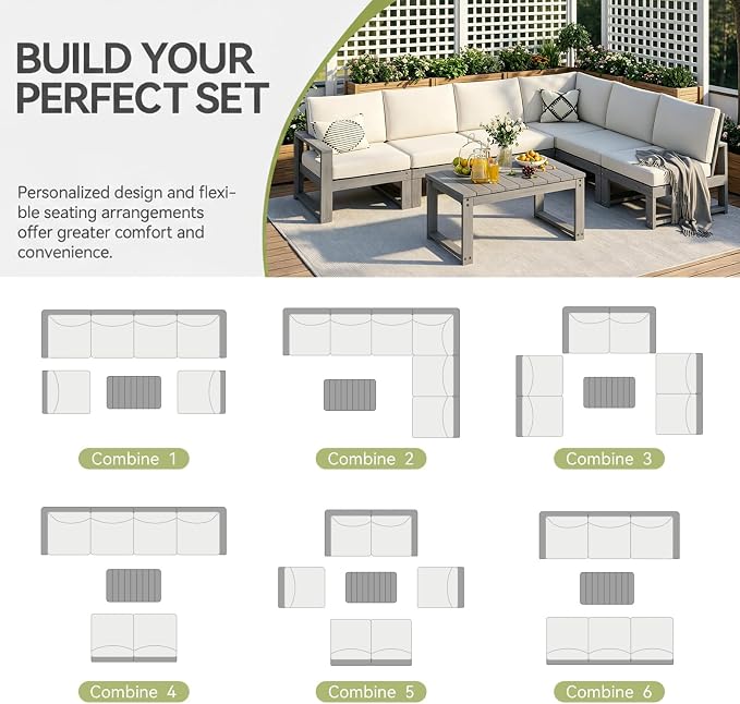 Outdoor Furniture, 7-Piece Patio Furniture Set with Cushions,HDPE Outdoor Couch Sets 6 Seats, L Shaped Patio Sectional Sofas for Porch, Backyard, Deck, Grey