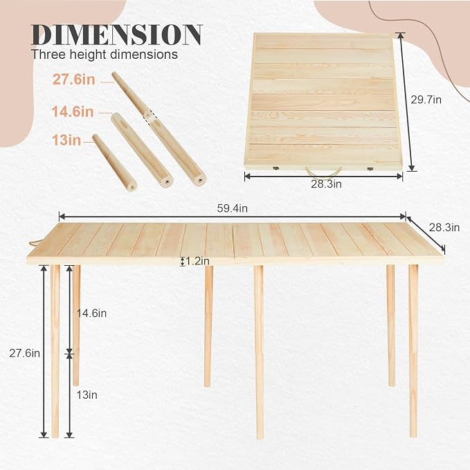 Boho Picnic Table, 60x30 Low Foldable Picnic Table 3 Height Adjustable Solid Pine Outdoor for Beach Camping BBQs