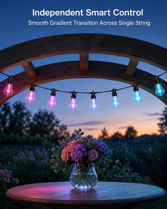 Outdoor String Lights 50FT, Smart RGBW IC Color Changing Patio Lights with 20 Dimmable LED Bulbs, App & RF Remote, IP65 Waterproof Shatterproof