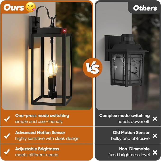 BesLowe 2-Pack 17.5" Upgraded Motion Sensor Outdoor Wall Lights, Black | Auto ON/OFF, 3 Lighting Modes, Waterproof, Rust-Resistant, Durable Metal with Clear Glass, Dual E12 Sockets, Easy to Install