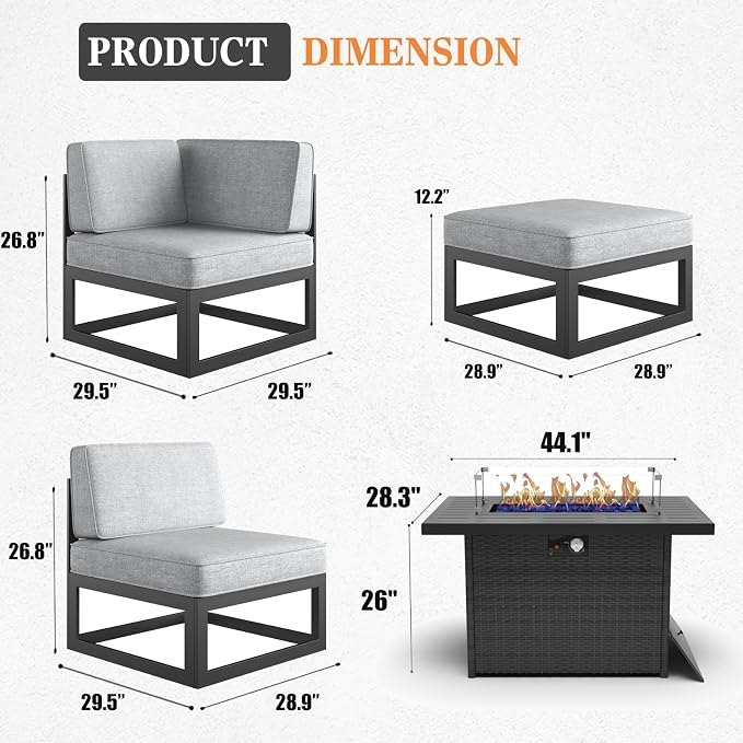 9 Pieces Aluminum Patio Furniture Set with Propane Gas 44" Fire Pit Table, Metal Outdoor Conversation Sofa Set with Seating Cushions