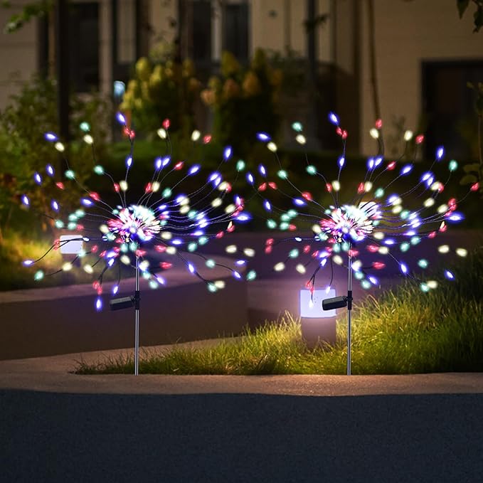 PXBNIUYA 4 Pack 175 LED Solar Garden Light for Yard,Firework Lights Outdoor Waterproof with 2 Modes Twinkling Light, Sparkly Starburst Lights for Wedding Walkway Halloween Christmas Decor(Colorful)