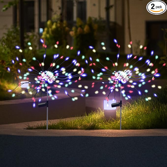 PXBNIUYA 2 Pack 175 LED Solar Firework Lights Outdoor, 4th of July 2 Modes Solar Garden Light Waterproof Twinkling Light, Starburst Lights for Landscape Path Halloween Christmas Decor （Colorful）