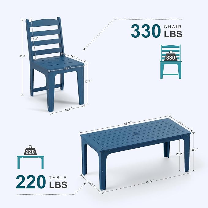 HDPE Outdoor Dining Table & Chairs Set for 6 Person, Blue(7-Piece) | Weather-Resistant Patio Furniture Set with Metal Support Bars and Umbrella Hole Cut-Out for Poolside Garden Backyard Deck
