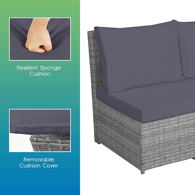 RELAX4LIFE 7 PCS Wicker Patio Furniture Set, Outdoor Rattan Sofa Set with Dining Table & Ottomans Soft Cushions for Backyard Garden Poolside Balcony, Sectional Conversation Couch Set (Gray)