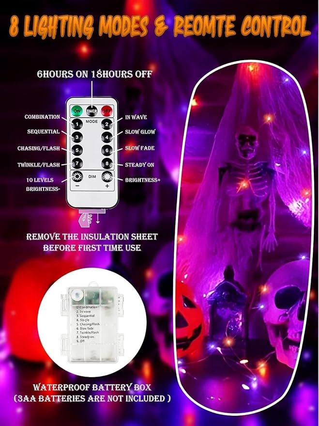 Halloween Fairy Lights Battery Operated 100 LED 33FT 4 Pack Orange Purple | Timer, 8 Modes, Remote Control, Brightness Adjustable Waterproof Twinkle Lights for Indoor Outdoor Party Cpreepy decorations