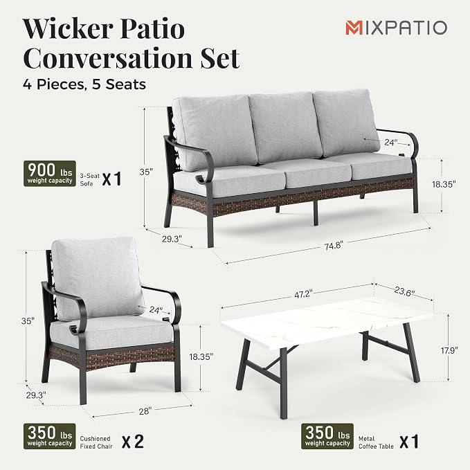 MIXPATIO Patio Furniture Set with Coffee Table, Outdoor Conversation Set with 2 x Fixed Chairs, 1 x 3-Seat Sofa for Lawn Garden Backyard, Light Grey