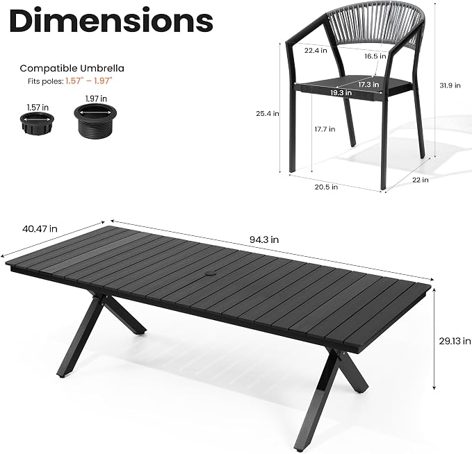 Pellebant Aluminum 11-Piece Outdoor Dining Table Set for 8-10 Person | Patio Stackable Chair with U-Shaped Wicker Backrest, 94" Table with Wood-Grain Top & Umbrella Hole, Aluminum Frame Furniture