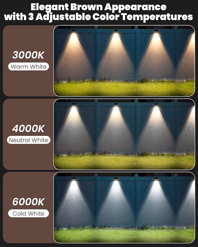 Brighter Solar Fence Lights-3000/4000/6000K 3 Mode,Solar Lights Outdoor Waterproof,Dusk to Dawn Deck Light, Outdoor Lighting for Backyard/Railing/Wall/Step/Patio(8 Pack,Brown)