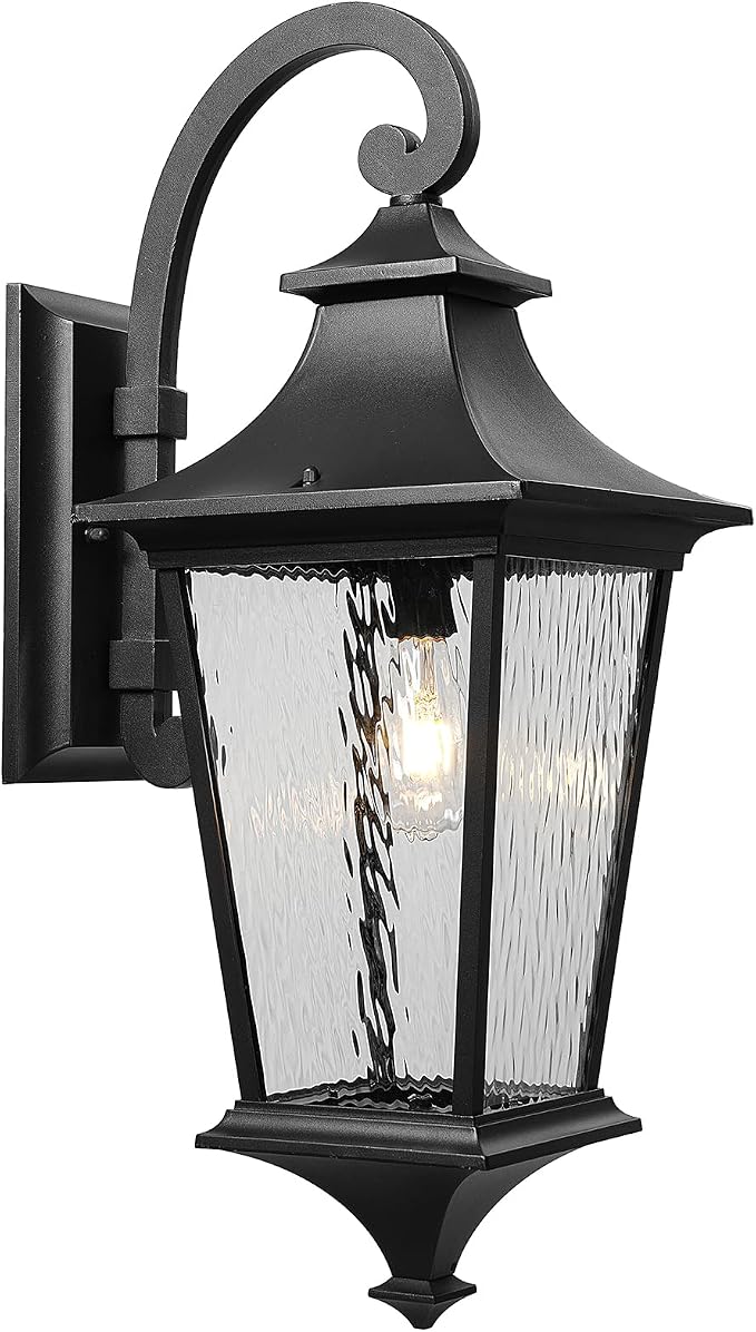 Outdoor Wall Sconce 14.6 Inch Height Aluminum Exterior Lighting Fixtures with Water Ripple Glass E26 Socket and Black Finish
