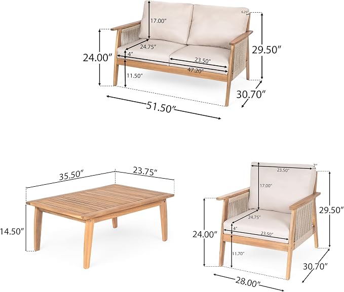 Christopher Knight Home Lorna 4-Seater Patio Furniture Set with Removable Cushion, 4 Piece Outdoor Acacia Wood Conversation Set, Sold Wood Outdoor Sectional Sofa Set with Coffee Table, Teak+Beige