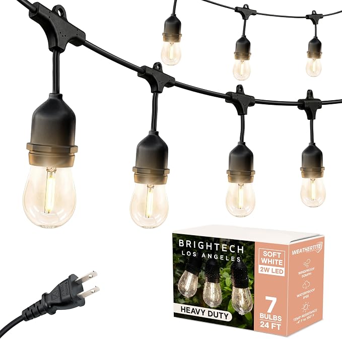 Brightech Ambience Pro - 24 Ft Waterproof LED Outdoor String Lights - Hanging, Dimmable 2w Vintage Edison Bulbs -Commercial Grade Patio Lights Create Cafe Ambience in Your Backyard - 7 Lights, Black
