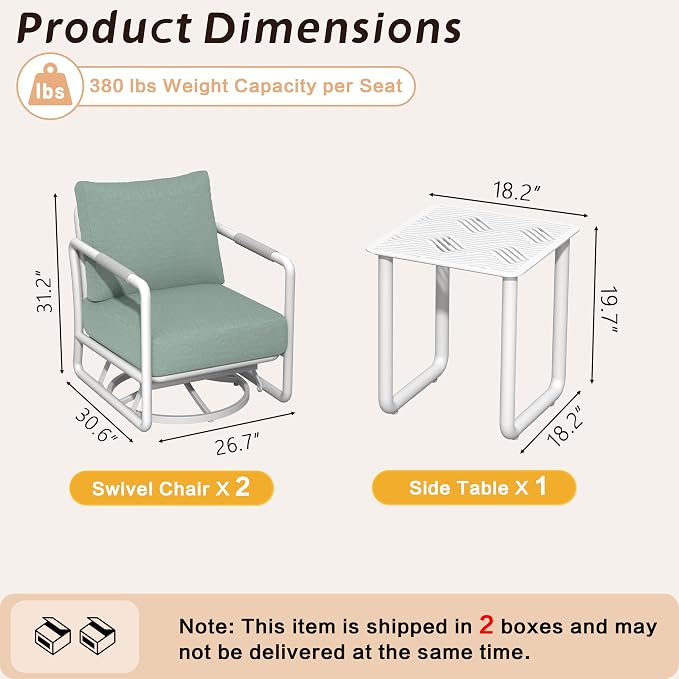 3-Piece Aluminum Outdoor Swivel Rocker Chair Set, 360° Swivel Rocking Seats with 6.5" Thick Cushions, 24" Wide Seat 380LBS Capacity & Side Table for Porch, Deck