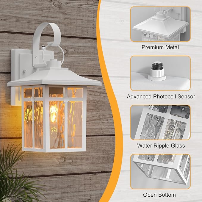Dusk to Dawn Outdoor Wall Lights, Aluminum, White, 2 Pack | Ripple Glass, Modern Porch Lights, Exterior Sconce, For Entryway, Garage, Patio