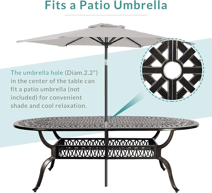 MEETWARM 84"x44" Cast Aluminum Patio Dining Table, Weather-Resistant Large Outdoor Dining Table for 8 Person, Patio Furniture Oval Table with Umbrella Hole and Adjustable Foot Pads, Dark Bronze