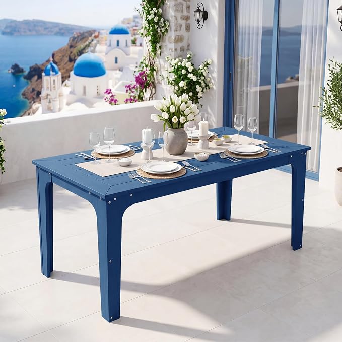 69" HDPE Rectangle Outdoor Dining Table for 6 Person, Blue | Weather-Resistant Patio Furniture with Metal Support Bars and Umbrella Hole Cut-Out for Poolside Garden Backyard Deck