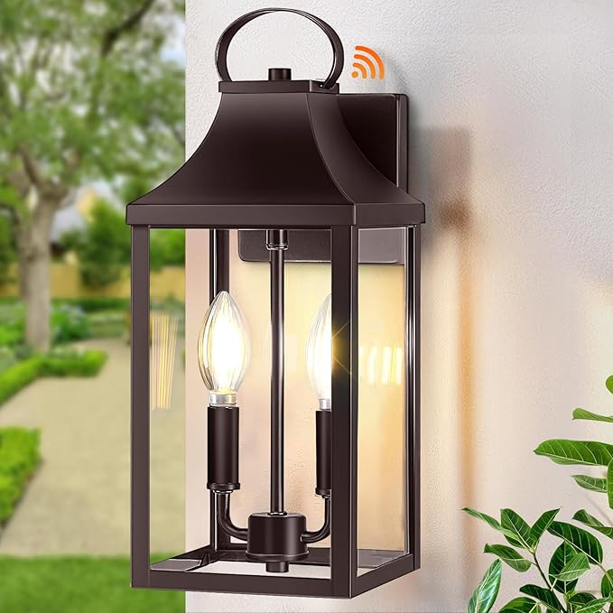 15" Dusk to Dawn Outdoor Wall Lantern 2-Light, Brown | Outside Modern Wall Sconce Light Fixture, Porch Light Wall Mount with E12 Sockets, Waterproof Exterior Lamp Lighting