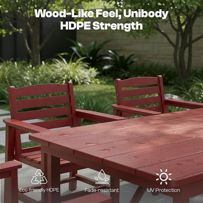 Outdoor HDPE Dining Set 5 Pieces, Patio Table with Umbrella Hole and 4 Chairs, All Weather Patio Furniture for Lawn, Garden, Backyard, Deck, Poolside, Outdoor Dining Table and Chairs, Red
