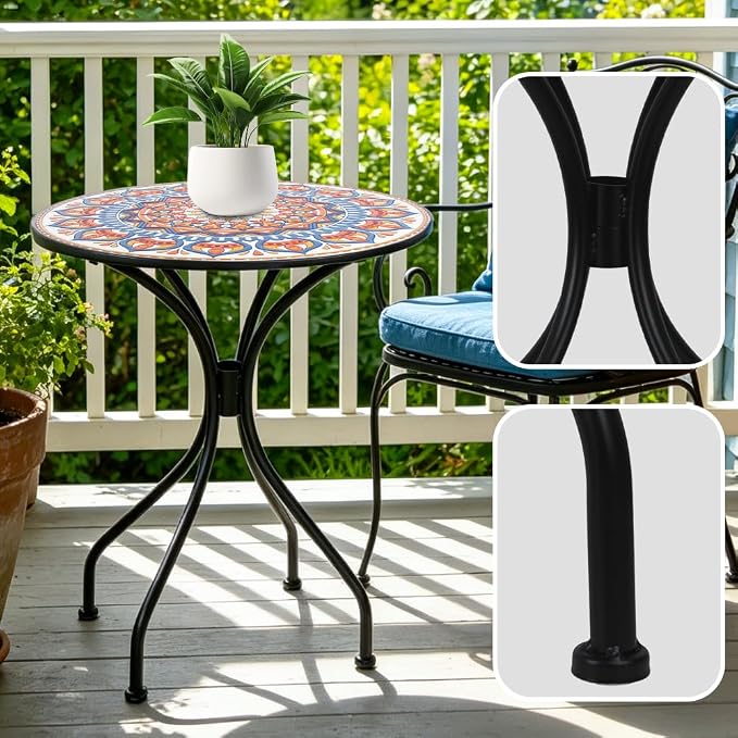 24 Inch Mosaic Patio Round Side Table with Central Column Curved Legs Indoor and Outdoor Accent End Table for Yard, Garden, Living Room, Bistro, Blue Orange Mandala