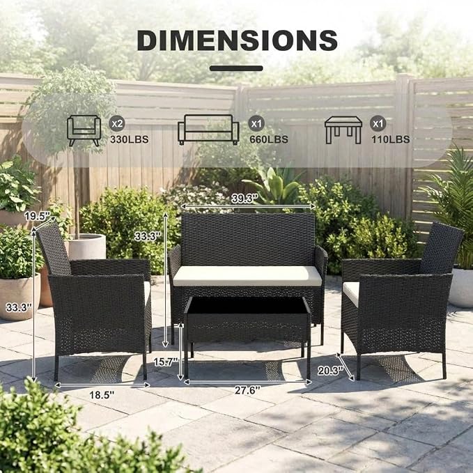4PCS Outdoor Patio Bistro Set, PE Rattan Wicker Armchairs, Black/Beige