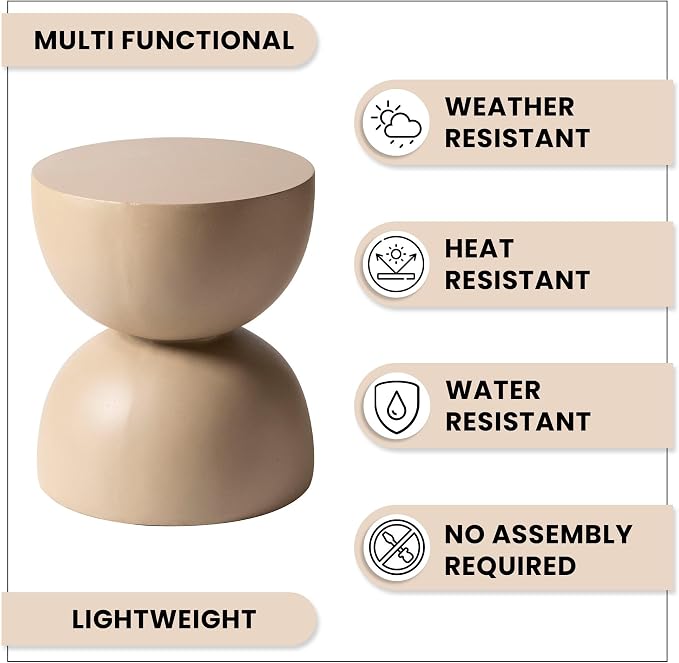 LeisureMod Minimalist Side Table, Fiber stone Round Hourglass Accent End Table Stool for Outdoor Patio, Indoor Home, Living Room Sofa, Weather-Resistant, Sage Series in Beige