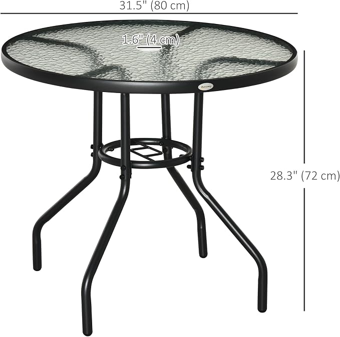 Outsunny 31.5" Round Outdoor Dining Table with Umbrella Hole, Patio Coffee End Side Bistro Table with Tempered Glass Top, Steel Frame for Backyard, Garden, Black
