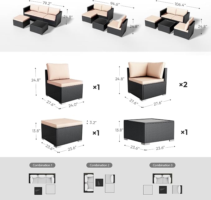 WWR Patio Furniture Set 5 Piece - Wide Armrests - All-Weather Wicker Rattan Outdoor Patio Conversation Couch Sets, Modular Sectional Sofa for Garden, Patio, Poolside, Backyard, Balcony, Porch,Khaki