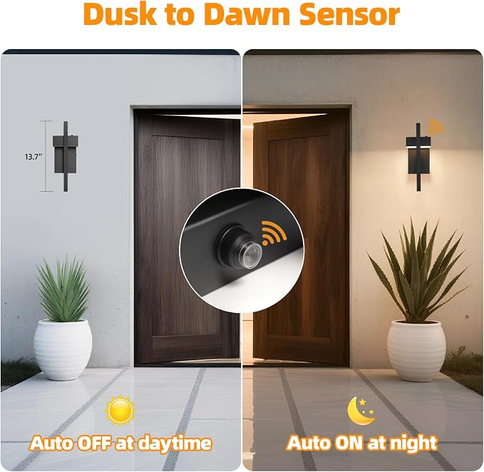 16.5'' LED Outdoor Wall Sconce Dusk to Dawn Outdoor Lighting, Modern Exterior Lighting Fixtures, Black LED Front Porch Lights Outside Wall Mount Lights for House, Hallway, 3000K, 1 Pack