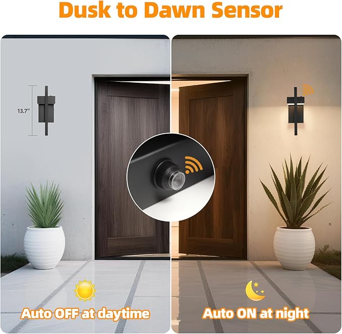 16.5'' LED Outdoor Wall Sconce Dusk to Dawn Outdoor Lighting, Modern Exterior Lighting Fixtures, Black LED Front Porch Lights Outside Wall Mount Lights for House, Hallway, 3000K, 2 Pack