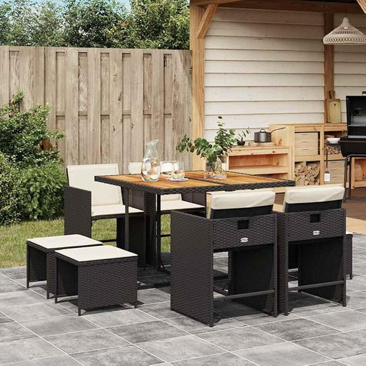 9 Piece Garden Dining Set, Patio Furniture with Synthetic Poly Rattan, Black Outdoor Table and Chairs, Space-Saving Modular Dining for Backyard, Deck, or Terrace