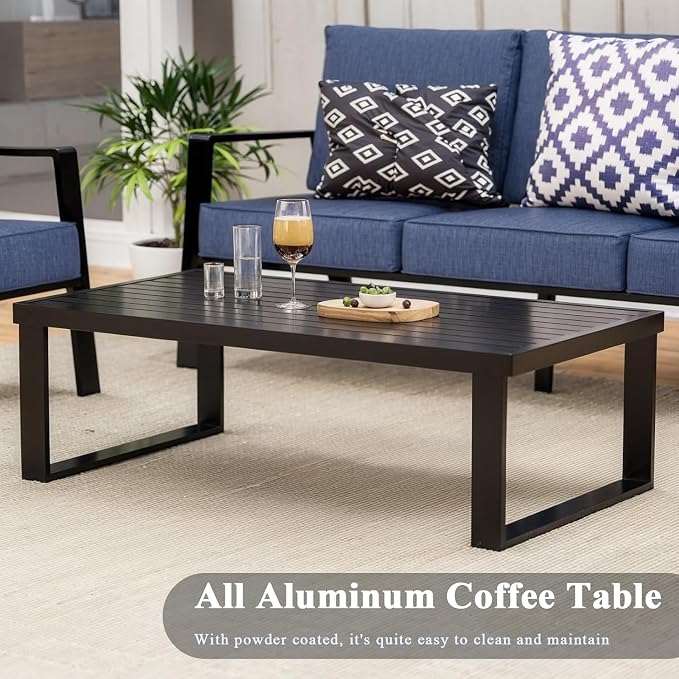 Aluminum Outdoor Patio Furniture Set, 4 Piece Sectional Coversation Sets with Coffee Table, Modern Outdoor Sofa Couch with Thick Cushions for Porch, Balcony, Garden(Blue Cushions)