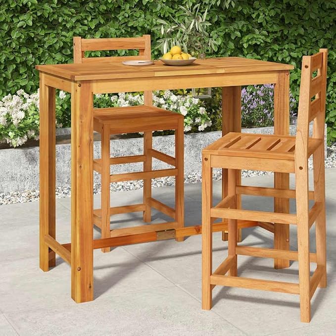 Rustic Solid Acacia Garden Bar Table with Natural Wood Finish, 47.2 x 23.6 x 41.3 Inch Outdoor Patio Dining Table for Six People