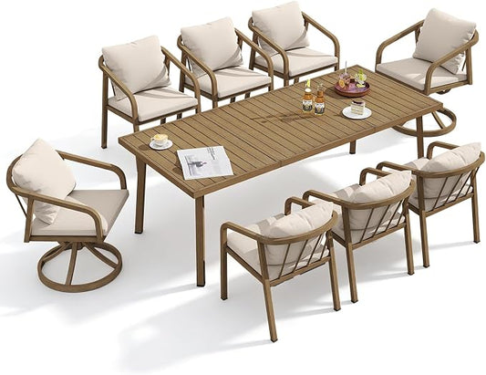 9-Piece Outdoor Dining Set for 8, Never-Rust Aluminum Patio Dining Set with 2 Swivel Chairs, Outdoor Table and Chairs with Removable Cushions, Patio Furniture Set for Deck, Garden, Porch, Teak